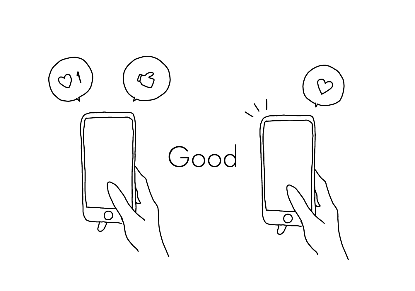 シンプルな線画でスマートフォンを持った右手が2組描かれている。それぞれのスマートフォンからは吹き出しでハートやグッドボタンが出ている。